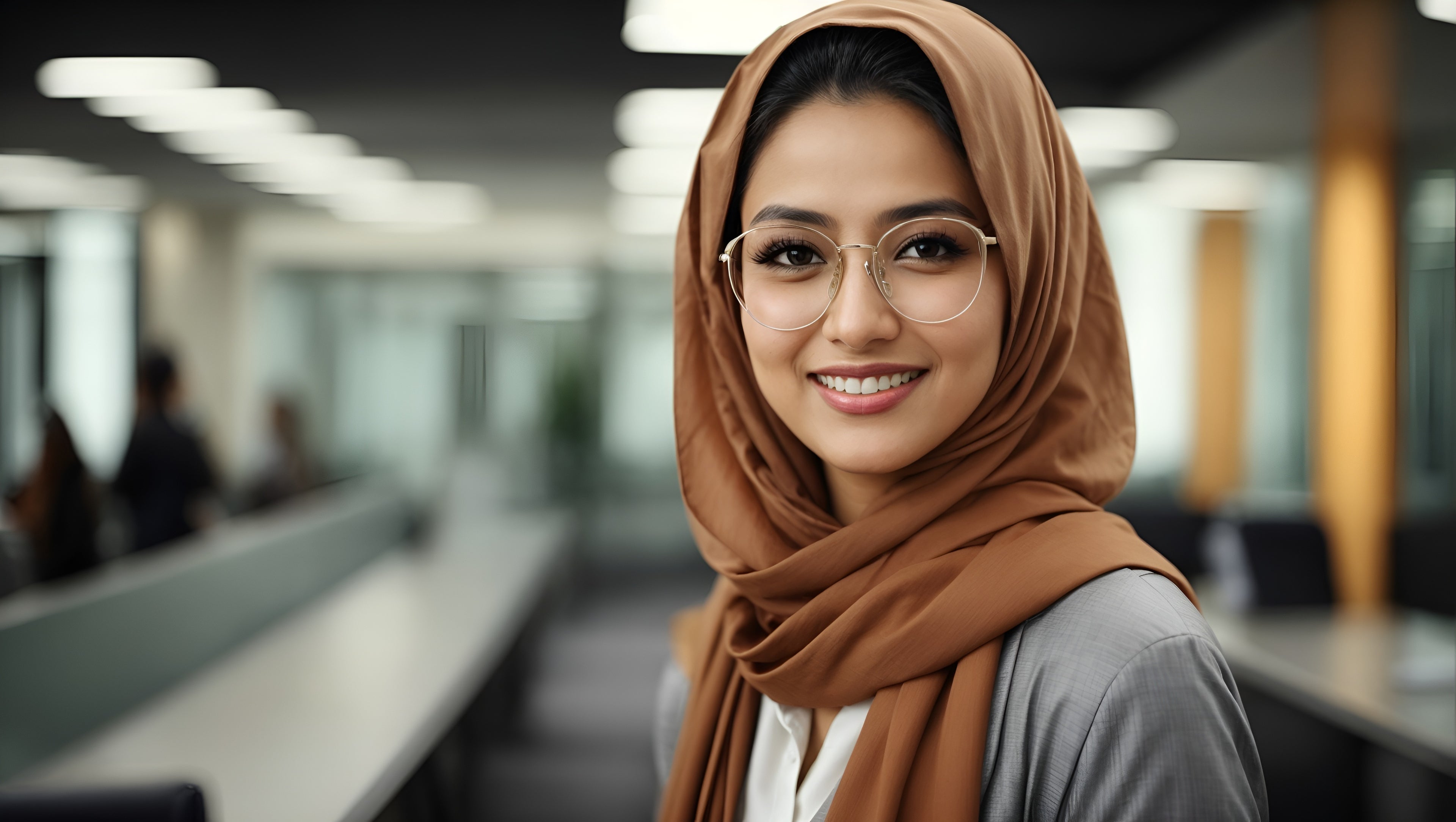 Woman wearing a brown hijab and glasses in an office setting