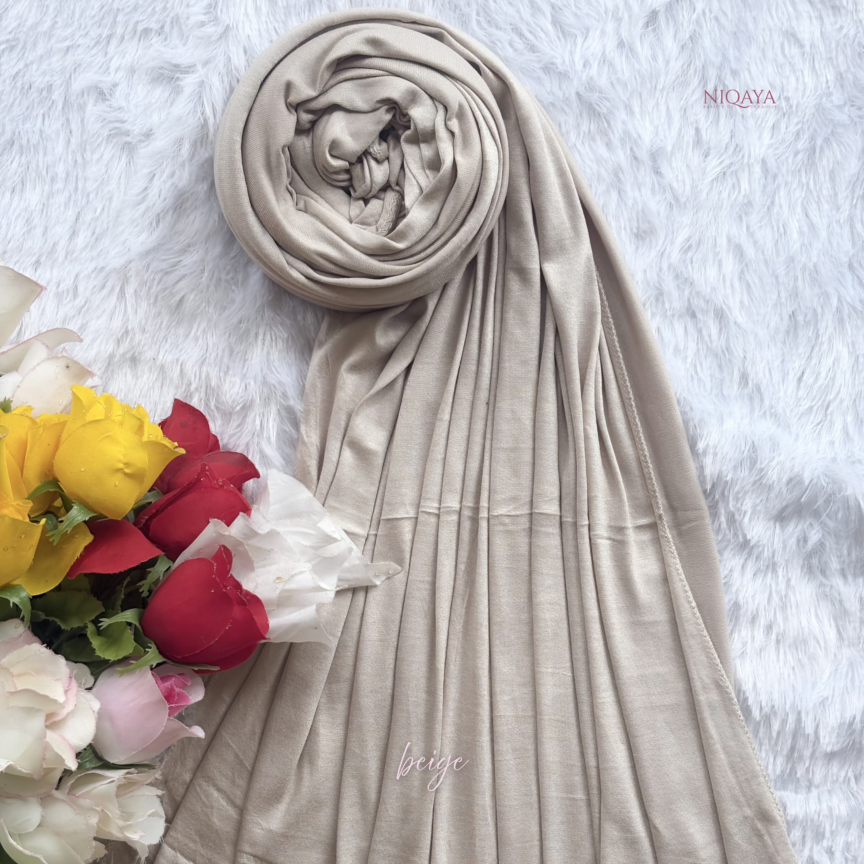 Beige hijab with flowers on a white background